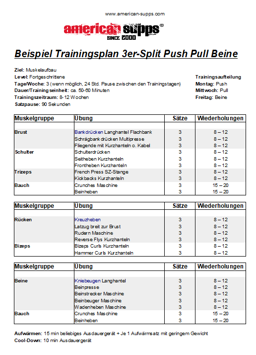 Push Pull Beine Trainingsplan PDF zum Ausdrucken